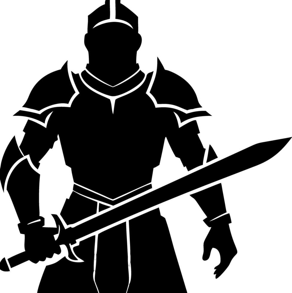 Silhouette of Medieval Knight Warrior in Armor with Sword Illustration vector
