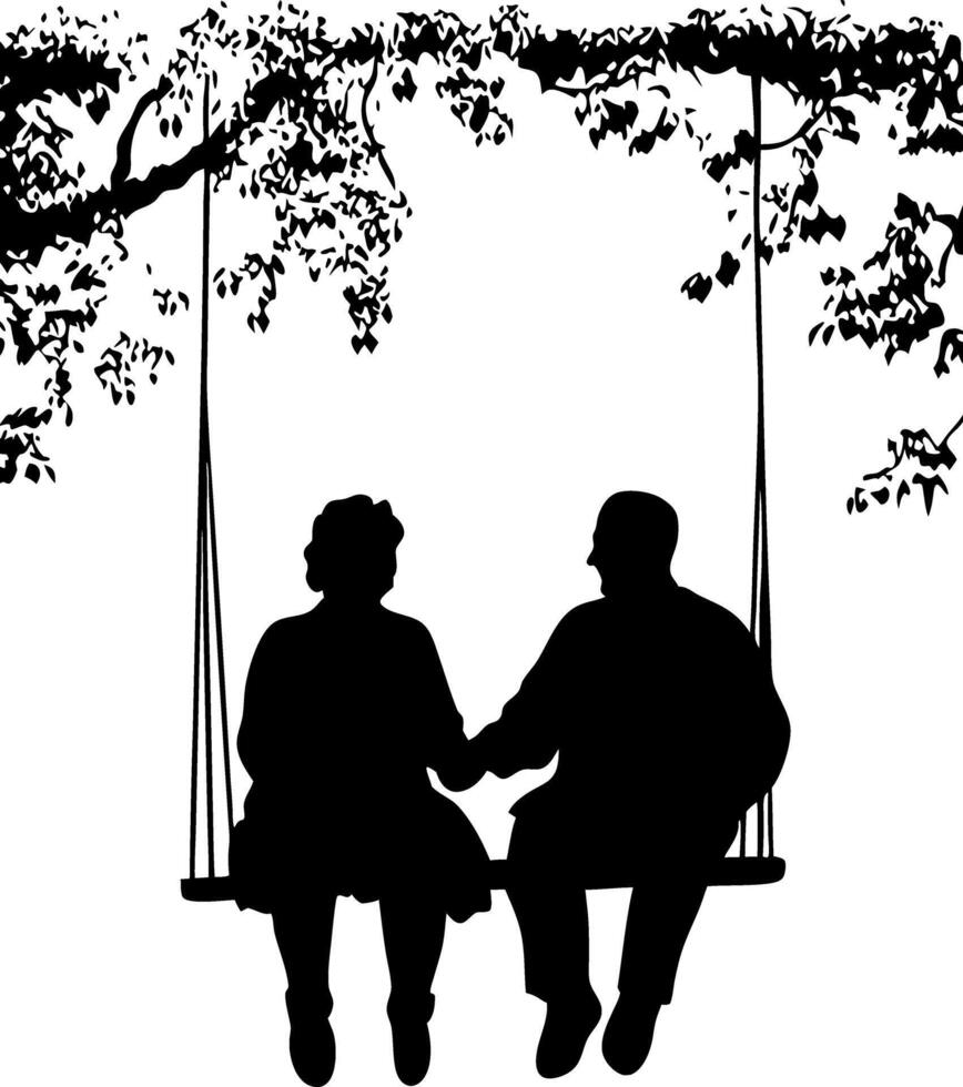 Elderly Couple Silhouette Swinging Under Tree Symbolizing Love and Companionship vector