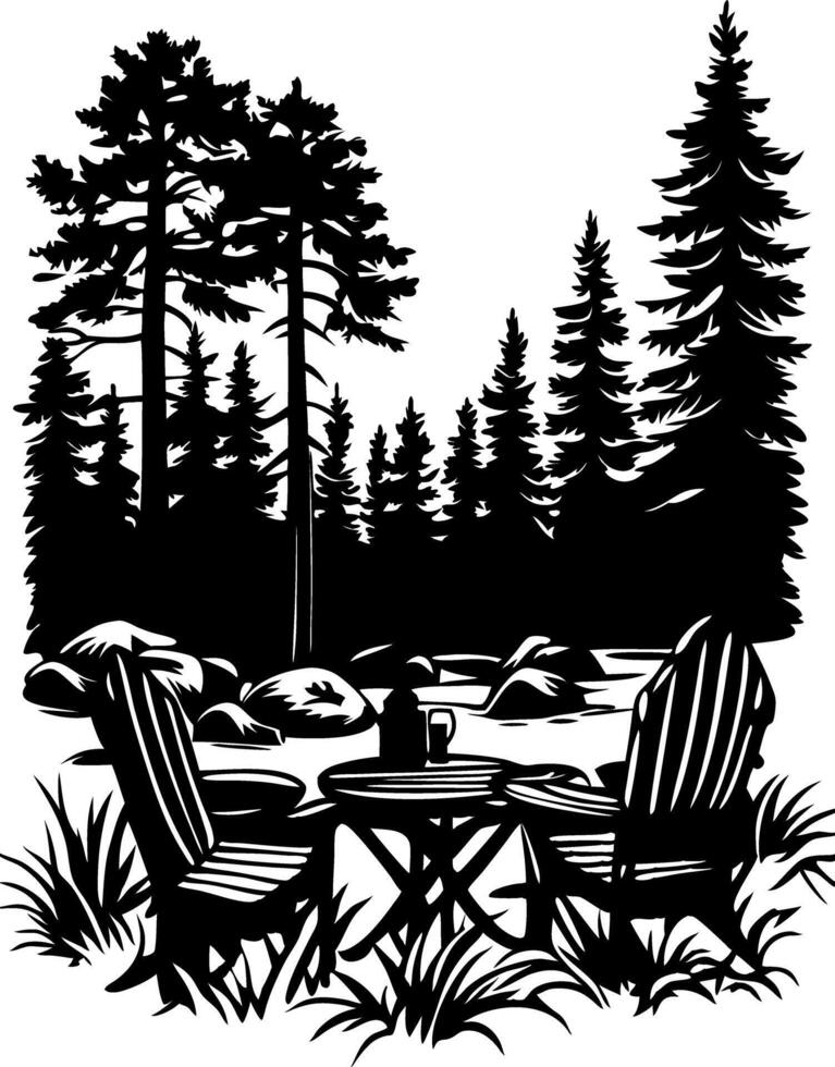 Forest Retreat Adirondack Chairs Near Lake Under Pine Trees vector