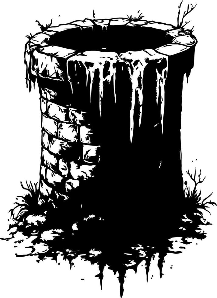 Rustic Stone Well with Moss and Vines in Gothic Style Illustration vector