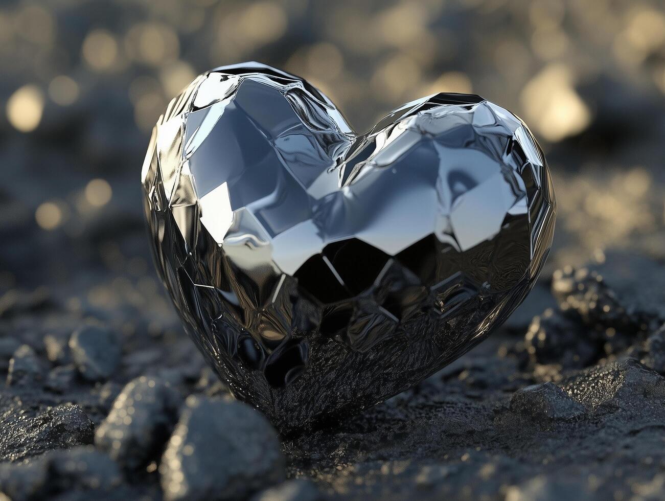 a shiny heart is sitting on the ground photo