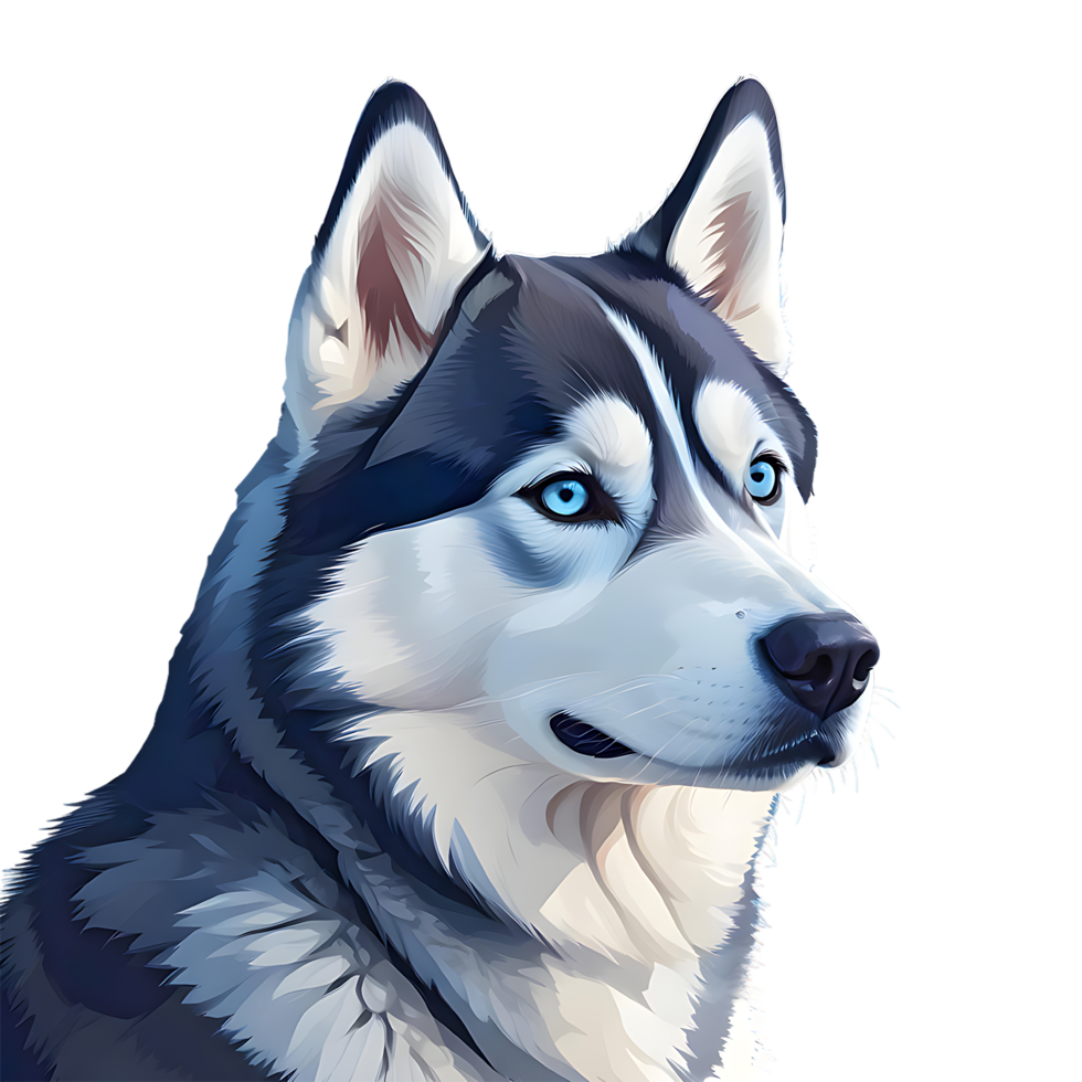 A close-up portrait of a Siberian Husky with bright blue eyes, featuring a thick, detailed coat of gray and white fur png