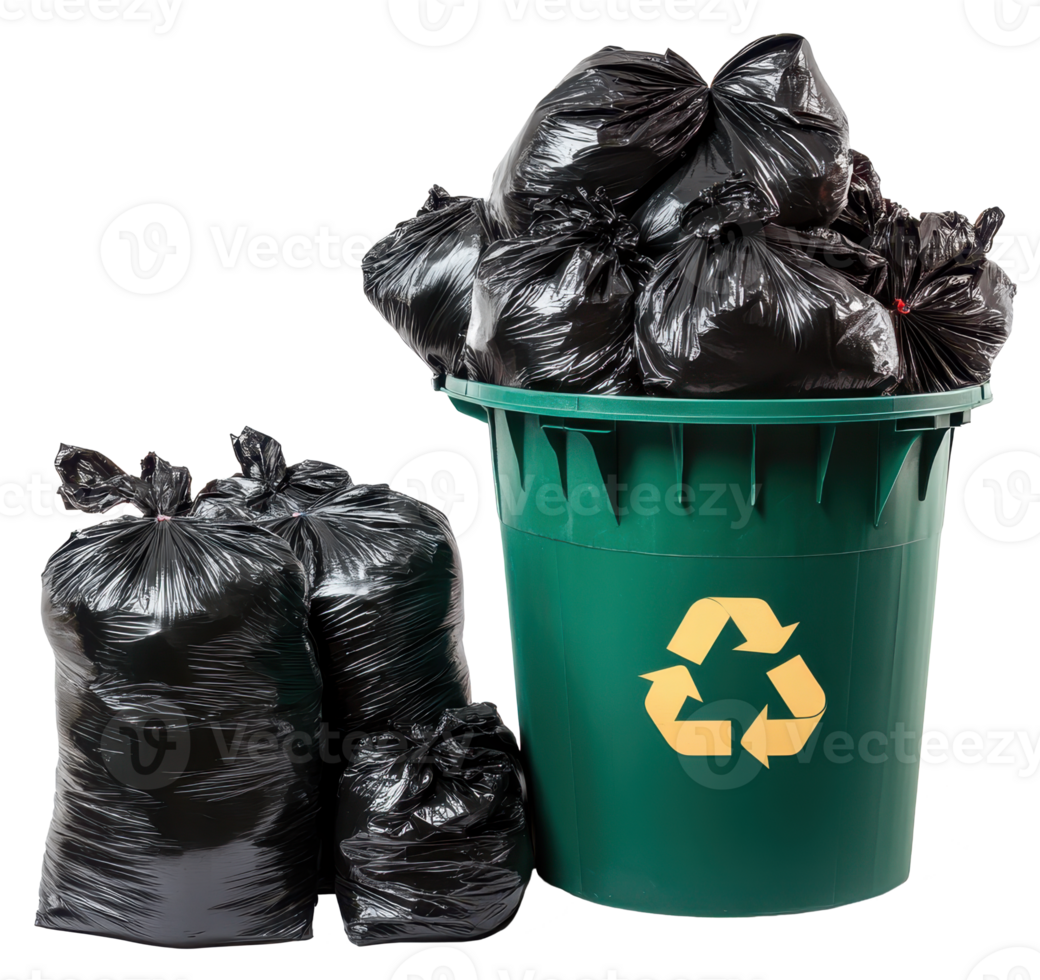 A green trash can with black bags in it png