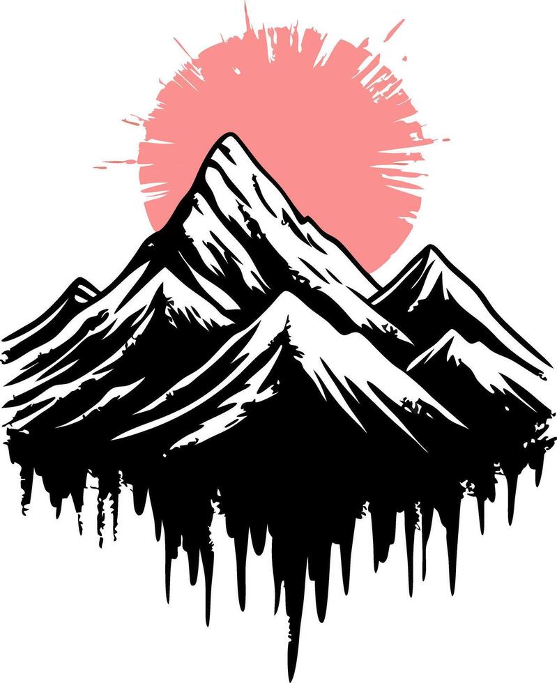 Abstract Mountain Peaks with Pink Sunburst Ideal for Tattoo or Wall Art vector