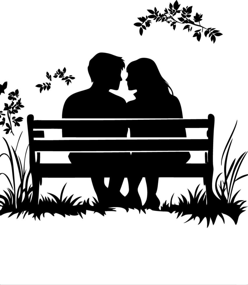 Romantic Couple Silhouette on Park Bench with Leaves and Grass in Art vector