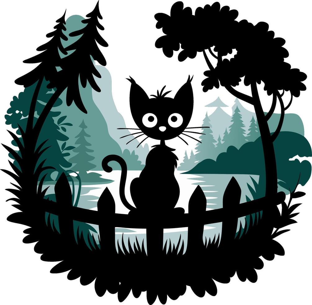 Mysterious Black Cat Silhouette in Enchanted Forest Scene for Art and Design vector