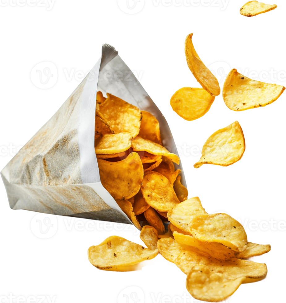 potato chips falling from a paper bag on a transparent background png