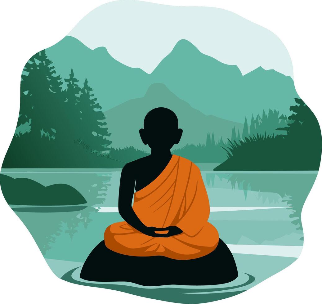 Meditating Monk in Tranquil Nature by Mountain Lake Illustration vector