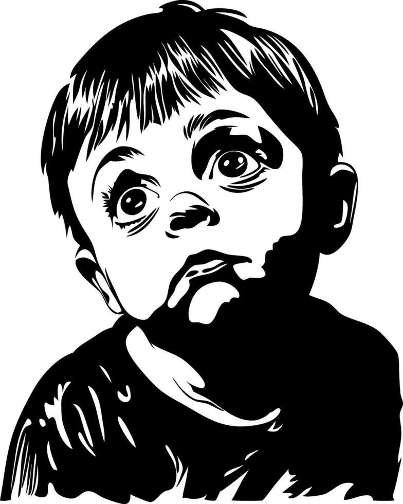 Illustration Curious Child Face Black and White Art for Design Projects vector