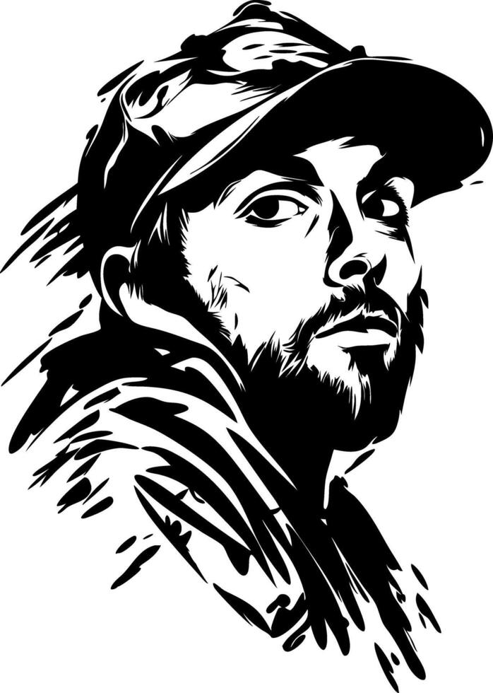 Portrait of Bearded Man in Cap Black and White Art Illustration vector