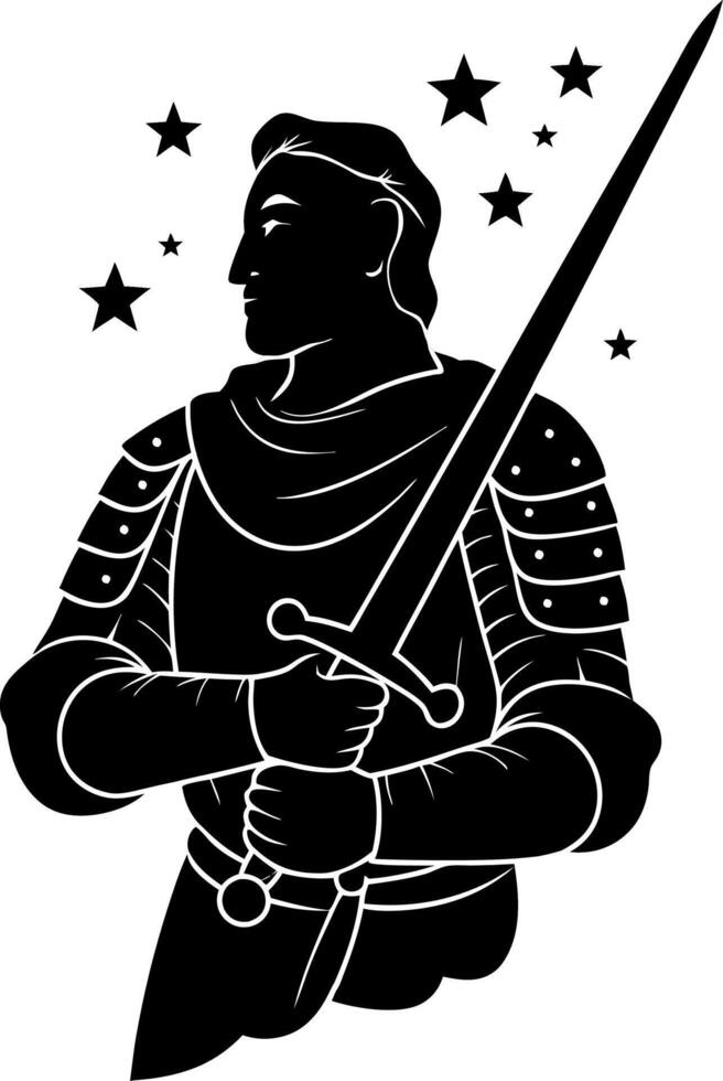 Medieval Knight Silhouette with Sword and Stars Illustration vector