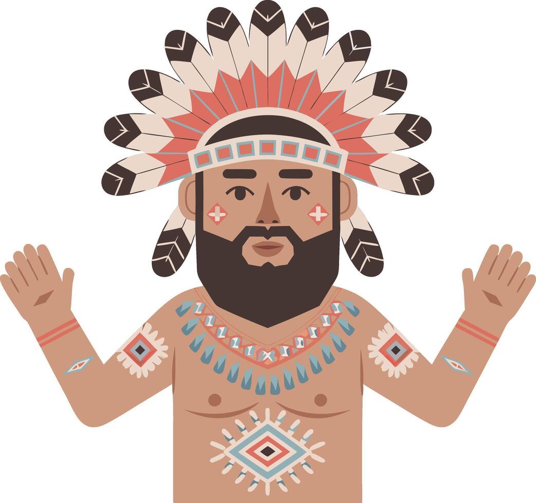 Native American Inspired Warrior Illustration with Tribal Headdress vector