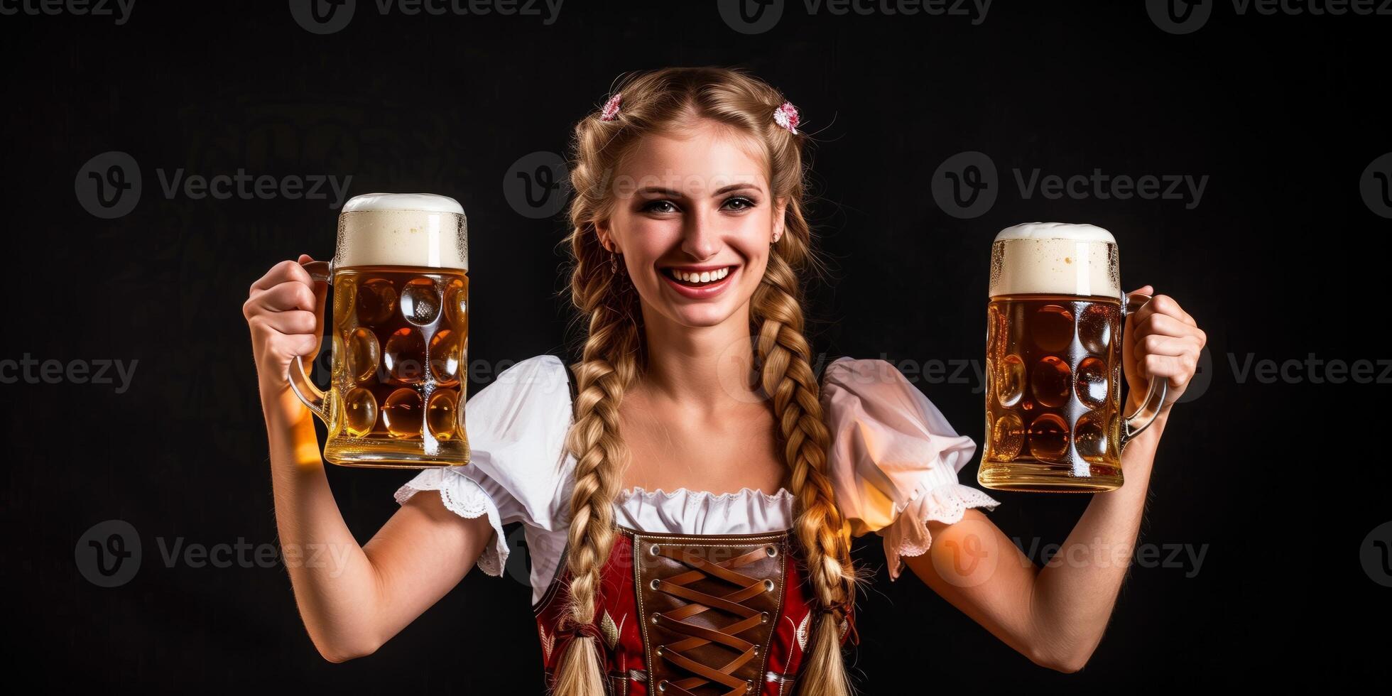 Young woman in traditional Bavarian dress holding two frothy beer mugs, smiling joyfully against a dark background photo