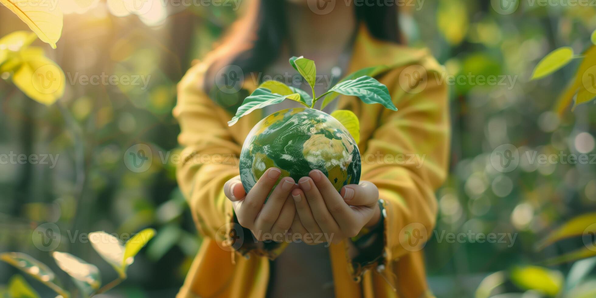 Hands holding a globe with a small plant growing on top, symbolizing sustainability, environmental care, and global responsibility against a lush green background photo
