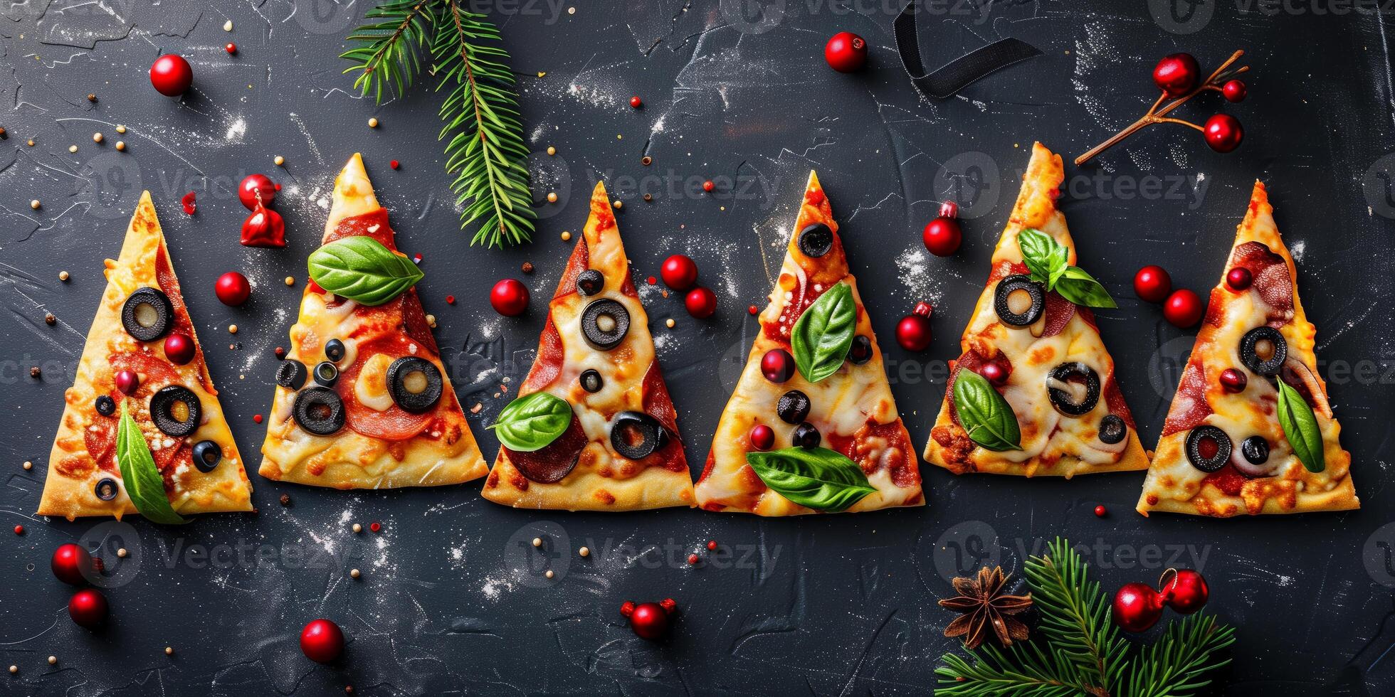 Christmas-themed pizza slices arranged as festive trees, topped with olives, pepperoni, cheese, and basil, decorated with holiday ornaments and pine branches photo