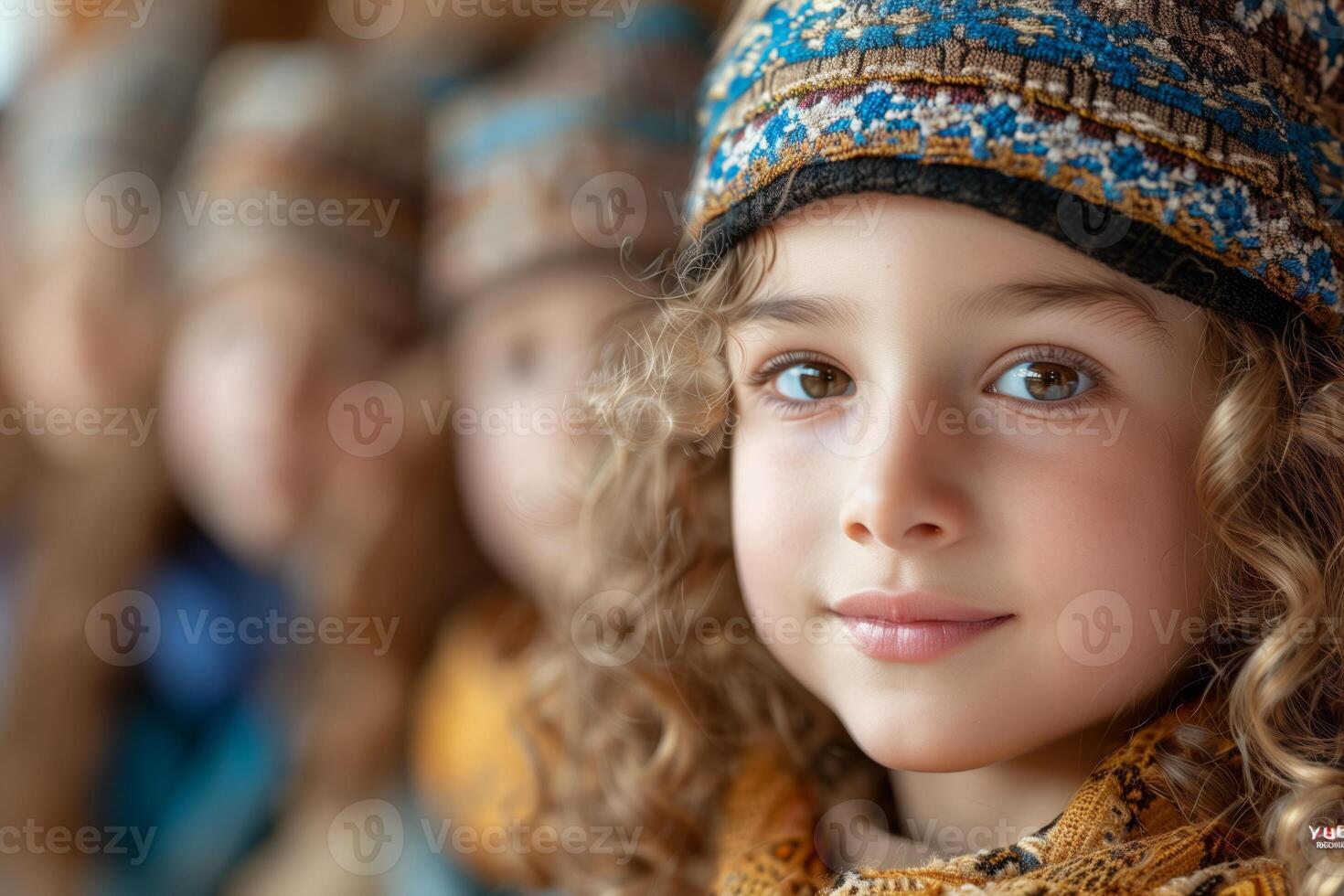 Close-up of a smiling child with curly hair wearing a colorful embroidered hat, with other children blurred in the background, creating a warm and cheerful atmosphere photo