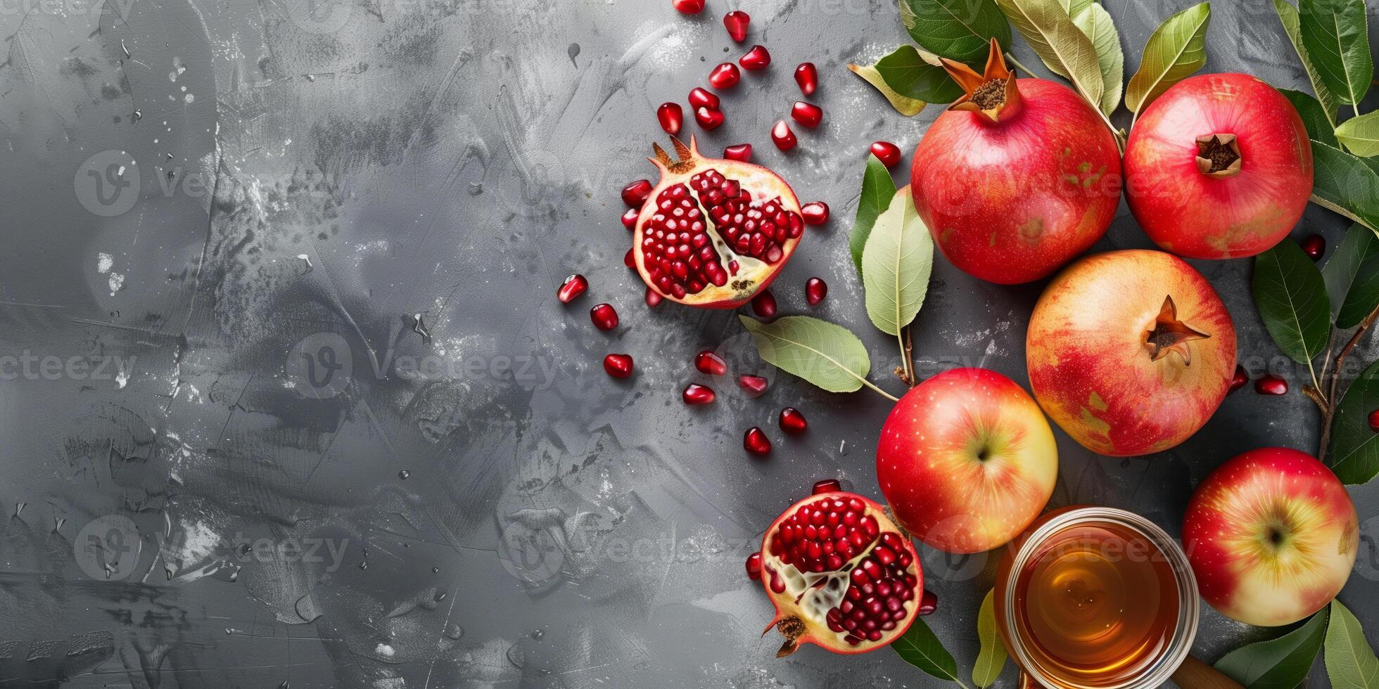 Apples, pomegranates, and honey on a gray background, top view, for Rosh Hashanah celebration, copy space photo