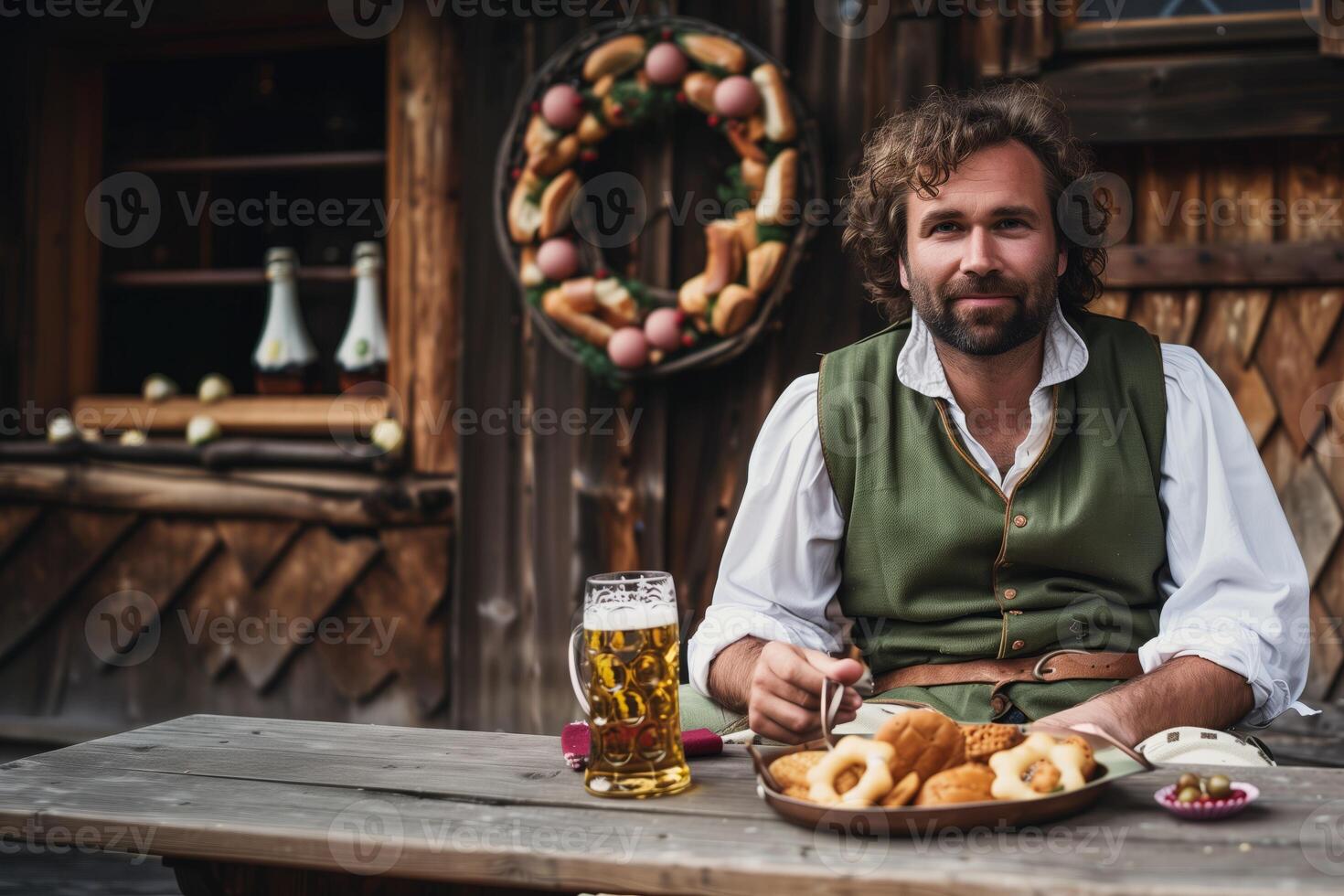 Man in traditional Bavarian attire enjoying beer and pretzels at an outdoor wooden table in a rustic setting photo