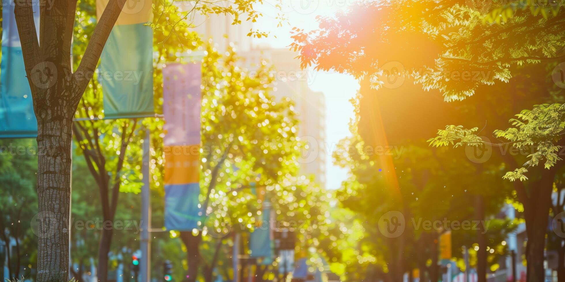 Sunlit urban street with vibrant green trees, colorful banners, and warm golden light creating a serene and cheerful atmosphere in the city photo