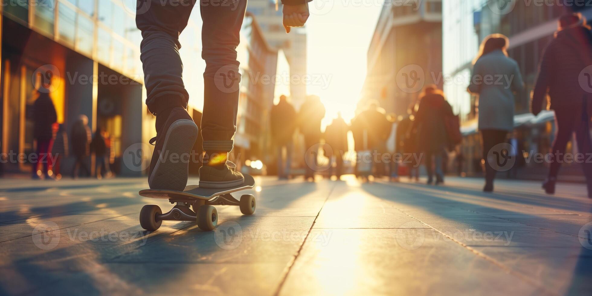 Person skateboarding on a sunlit urban street with a bustling crowd and warm golden light in the background during sunset photo