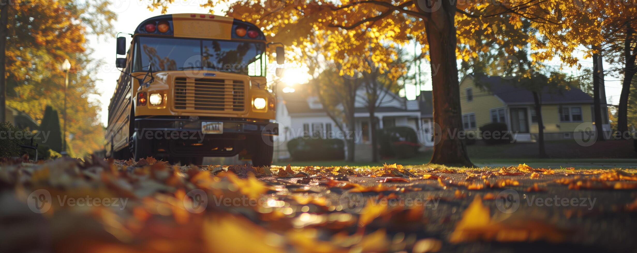 Yellow school bus parked on a suburban street during autumn, with fallen leaves covering the ground and warm sunlight streaming through the trees photo
