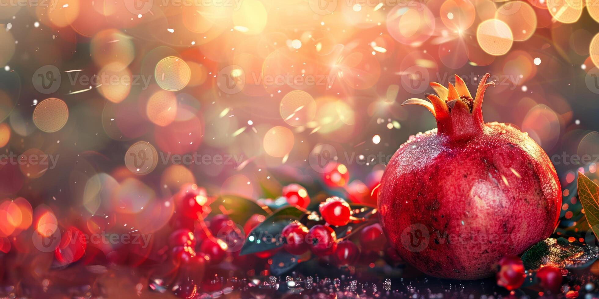 A fresh pomegranate with dewdrops surrounded by vibrant berries and leaves against a festive bokeh background in warm tones photo