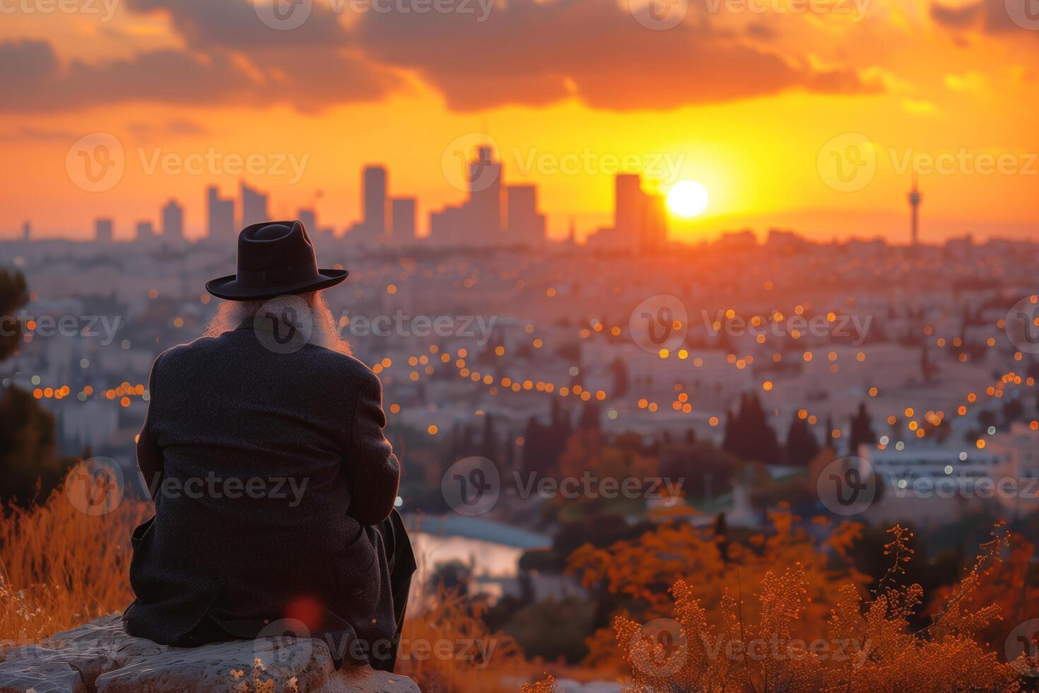 A man in a black hat and coat sits on a rock overlooking a cityscape at sunset, surrounded by warm orange light and vibrant autumn foliage photo