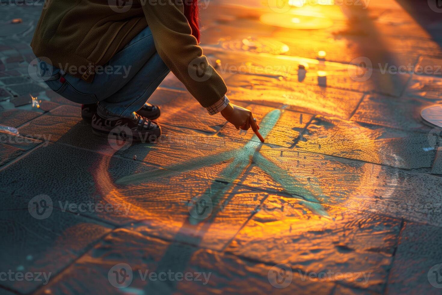 Person crouching and drawing a peace symbol with chalk on the ground in warm sunset light photo