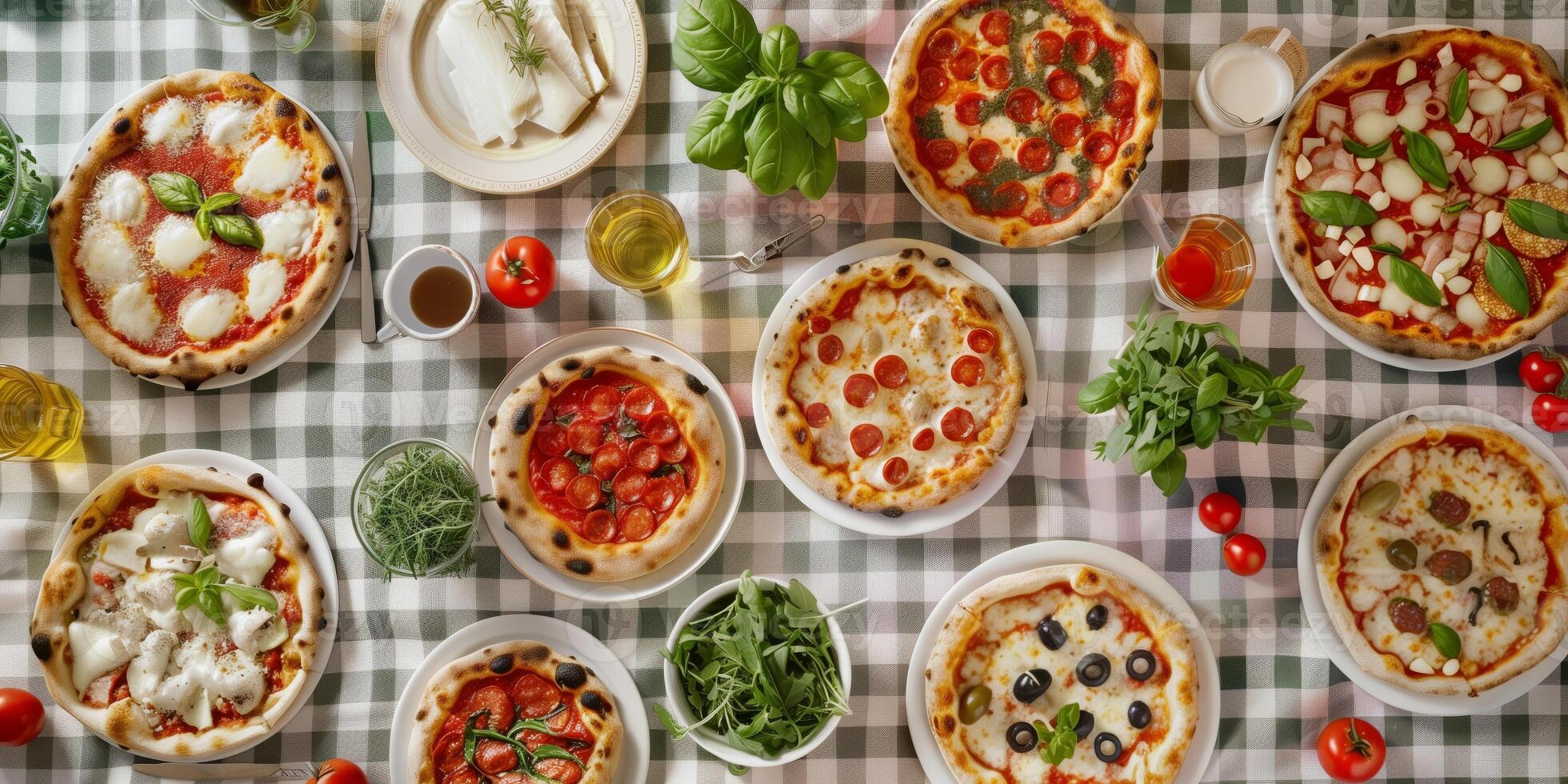 A vibrant selection of pizzas with diverse toppings on a checkered tablecloth, surrounded by fresh herbs, tomatoes, and beverages for a delightful Italian feast photo