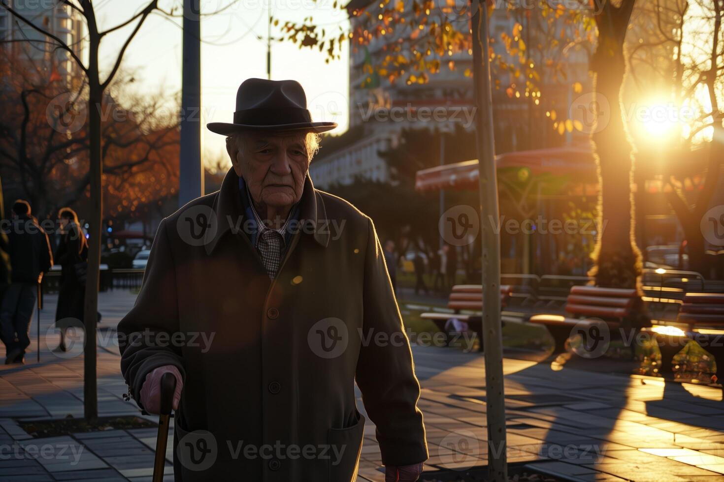 Elderly man walking with a cane through a city park at sunset, wearing a coat and hat, surrounded by trees, benches, and warm golden light photo