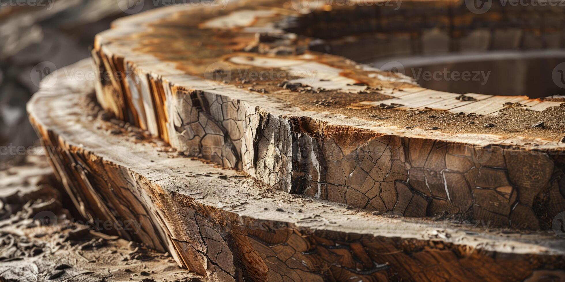 Close-up of a petrified wood cross-section showcasing intricate textures, rich earth tones, and natural patterns, highlighting the beauty of fossilized wood and geological processes photo