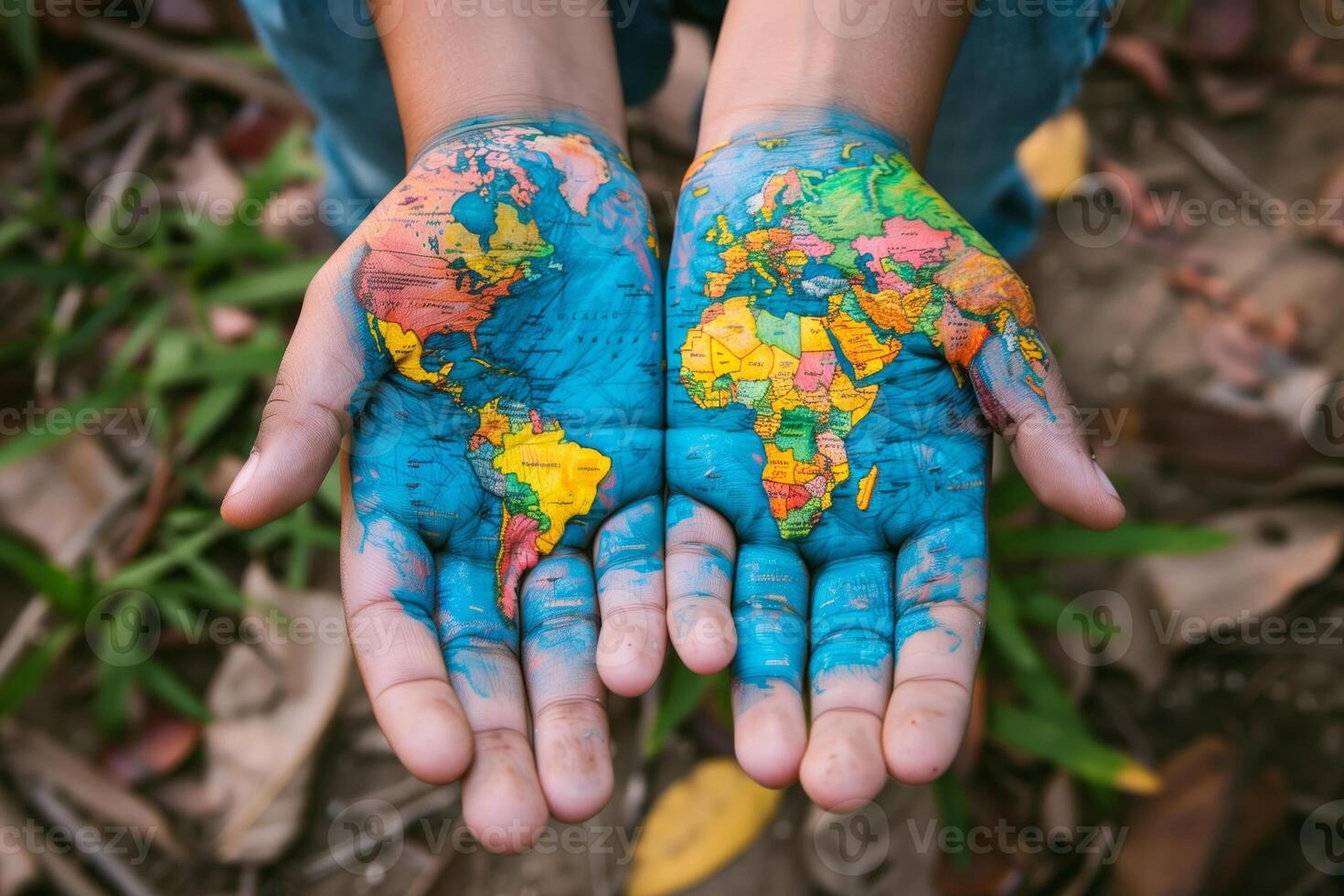 Colorful world map painted on hands symbolizing global unity and responsibility photo