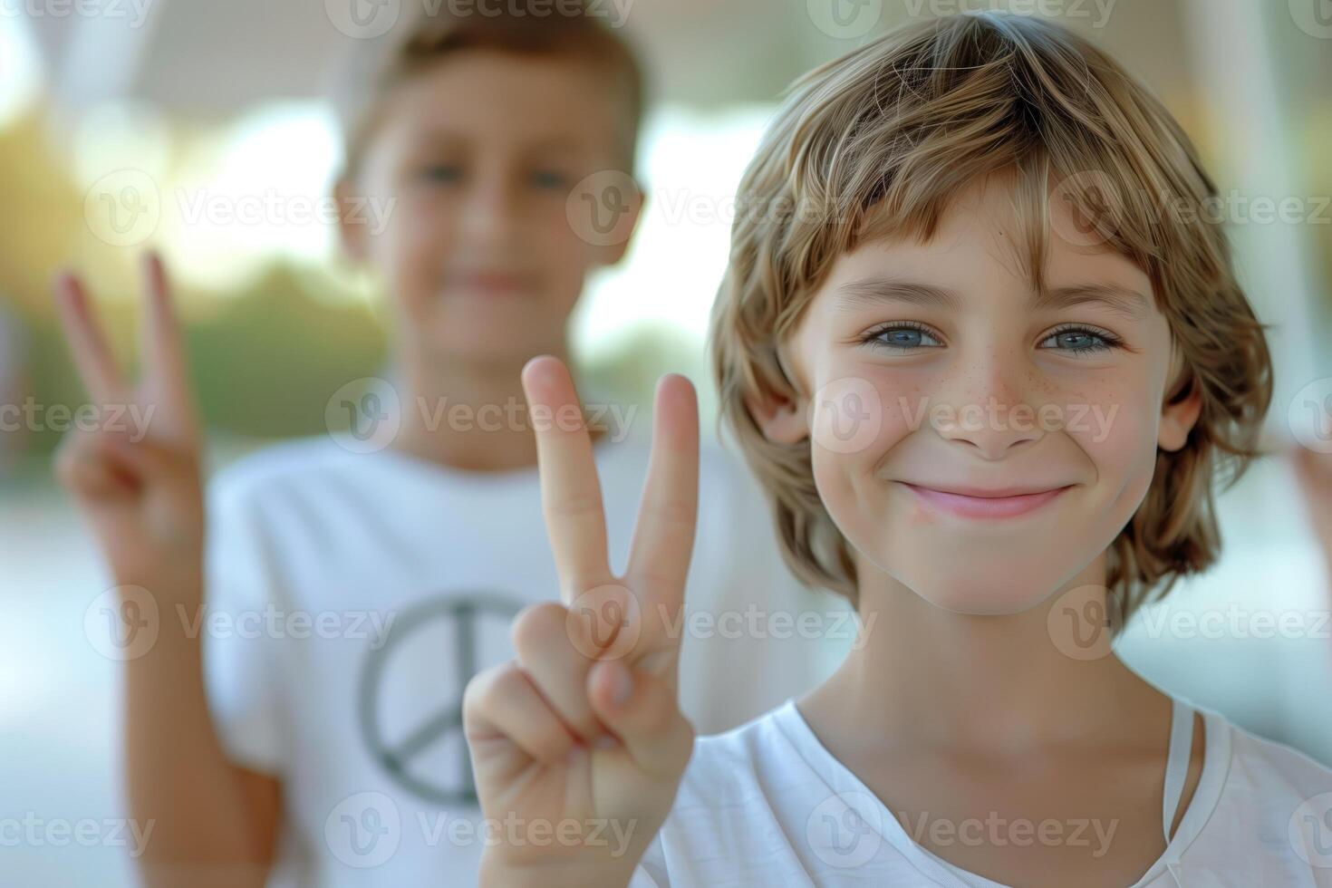 Smiling children making peace signs while wearing white t-shirts, symbolizing friendship, harmony, and positivity in a bright and cheerful environment photo