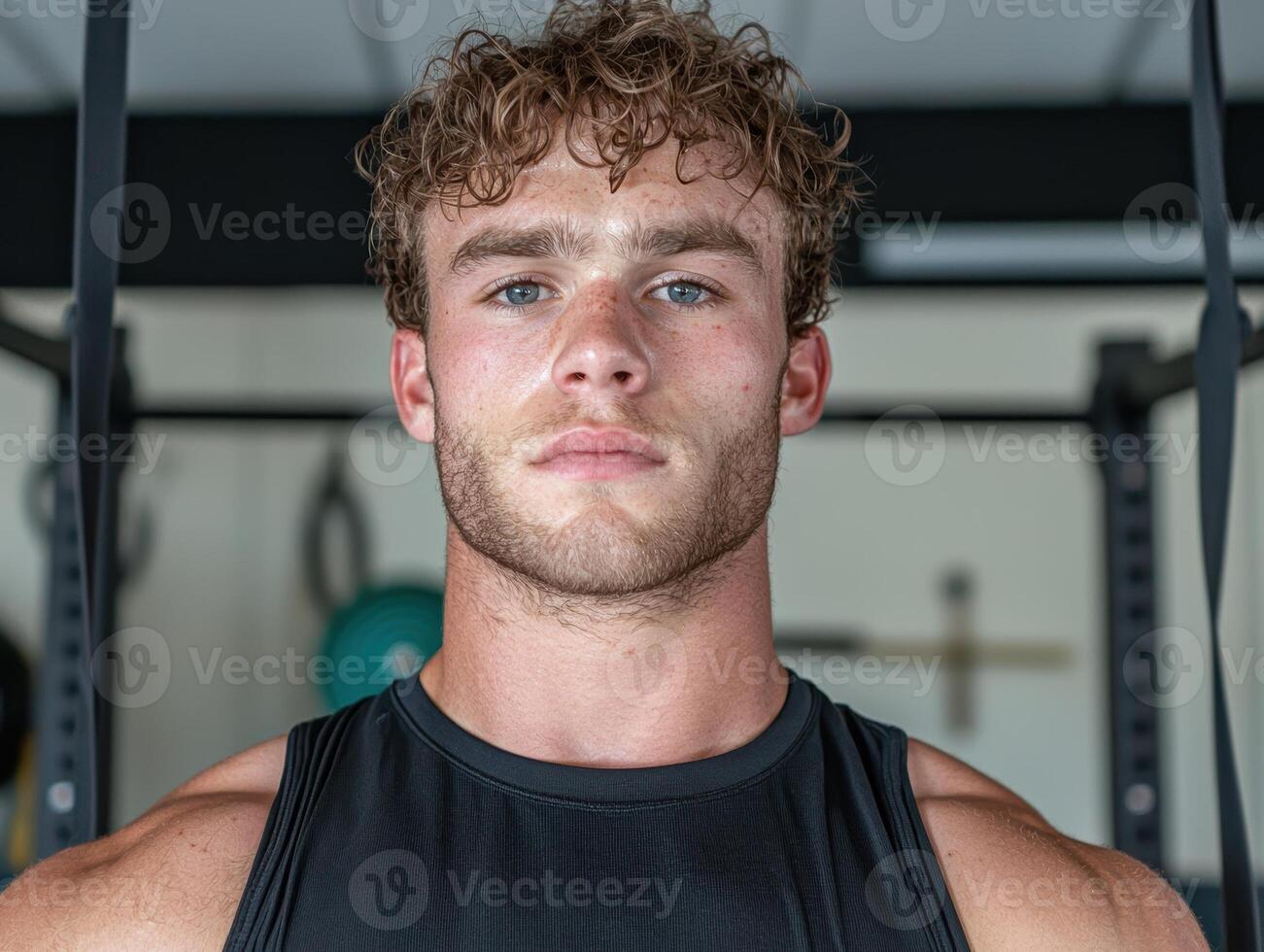Portrait of a muscular man with curly hair in a gym photo