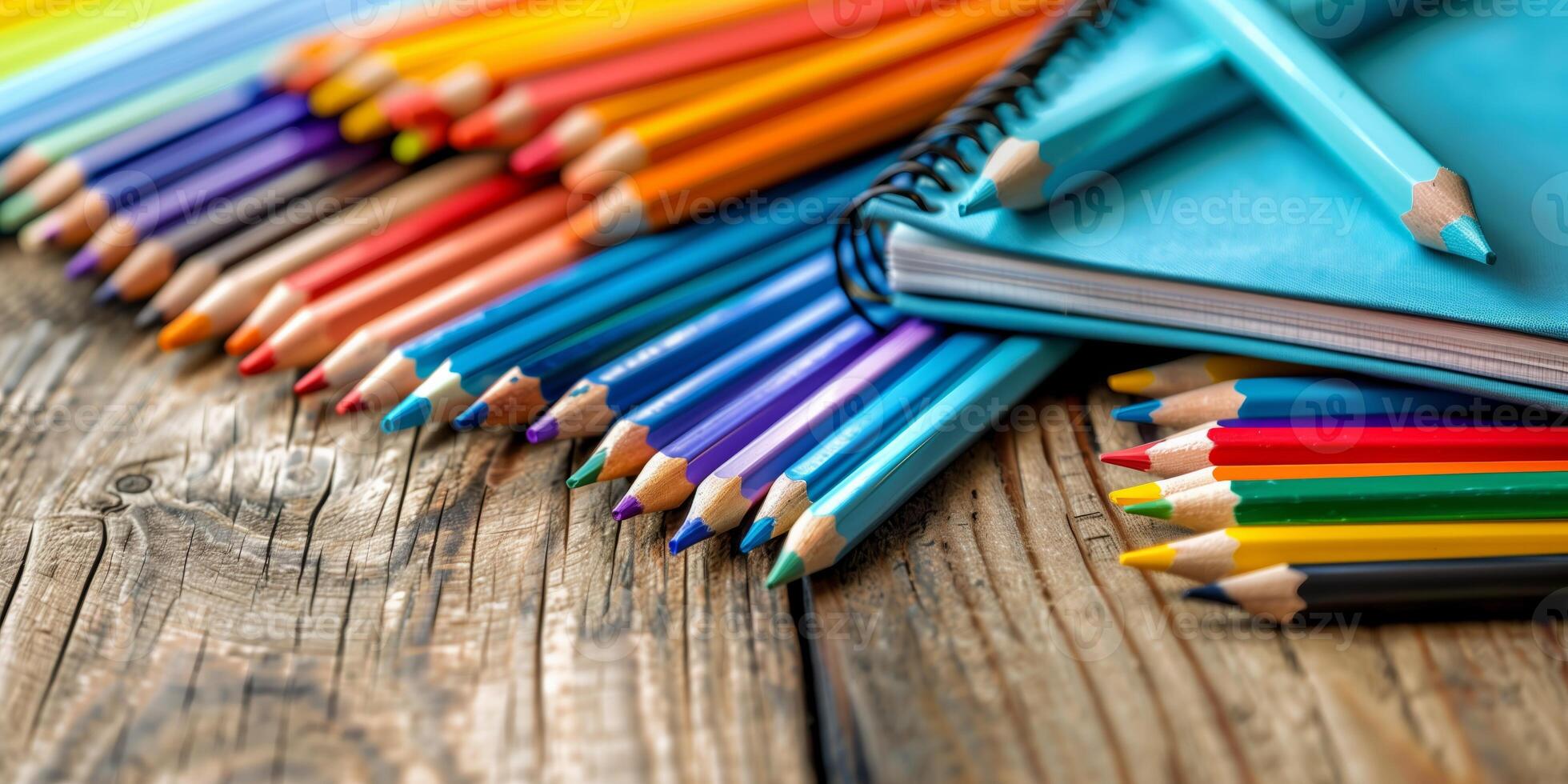 Colorful pencils arranged on a wooden surface with a notebook and a turquoise pencil, symbolizing creativity, art, and school preparation photo