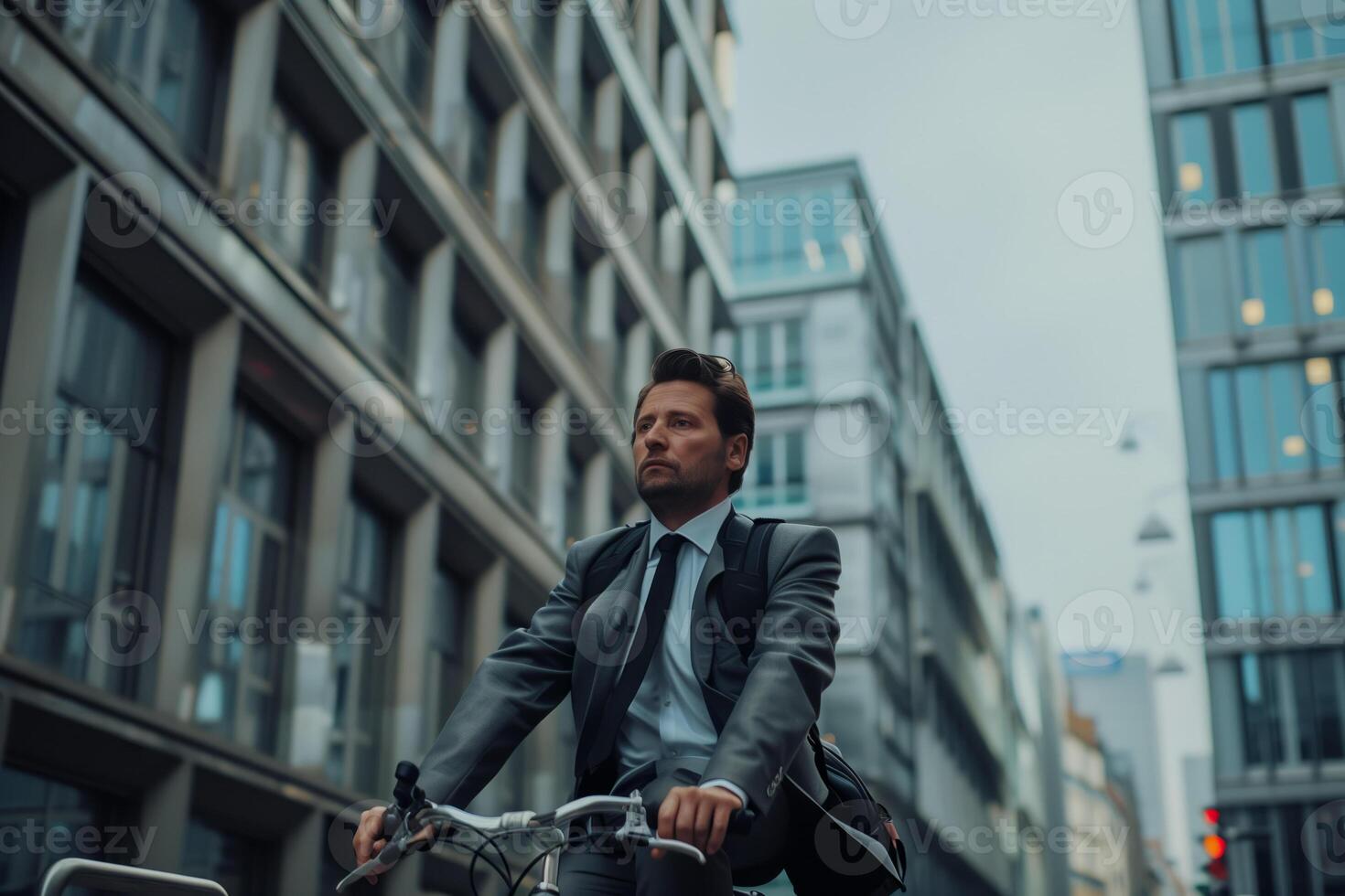 Businessman in a gray suit cycling through a modern city, showcasing sustainable urban commuting, with a focused expression and a backdrop of contemporary office buildings photo