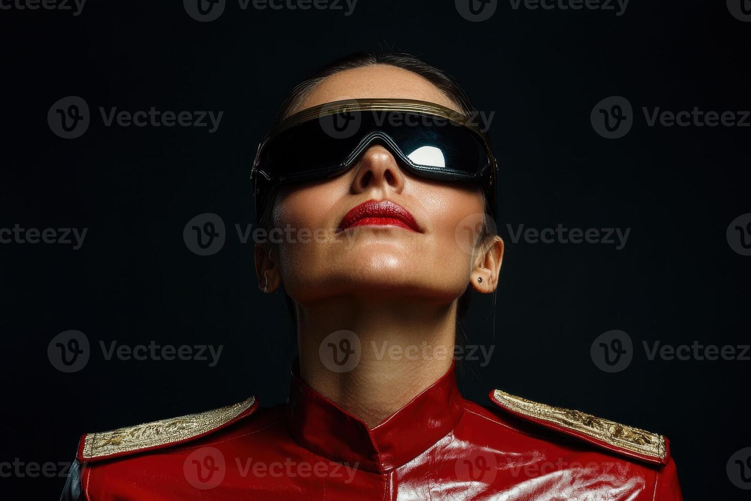 Woman in red leather jacket and futuristic glasses looking up photo