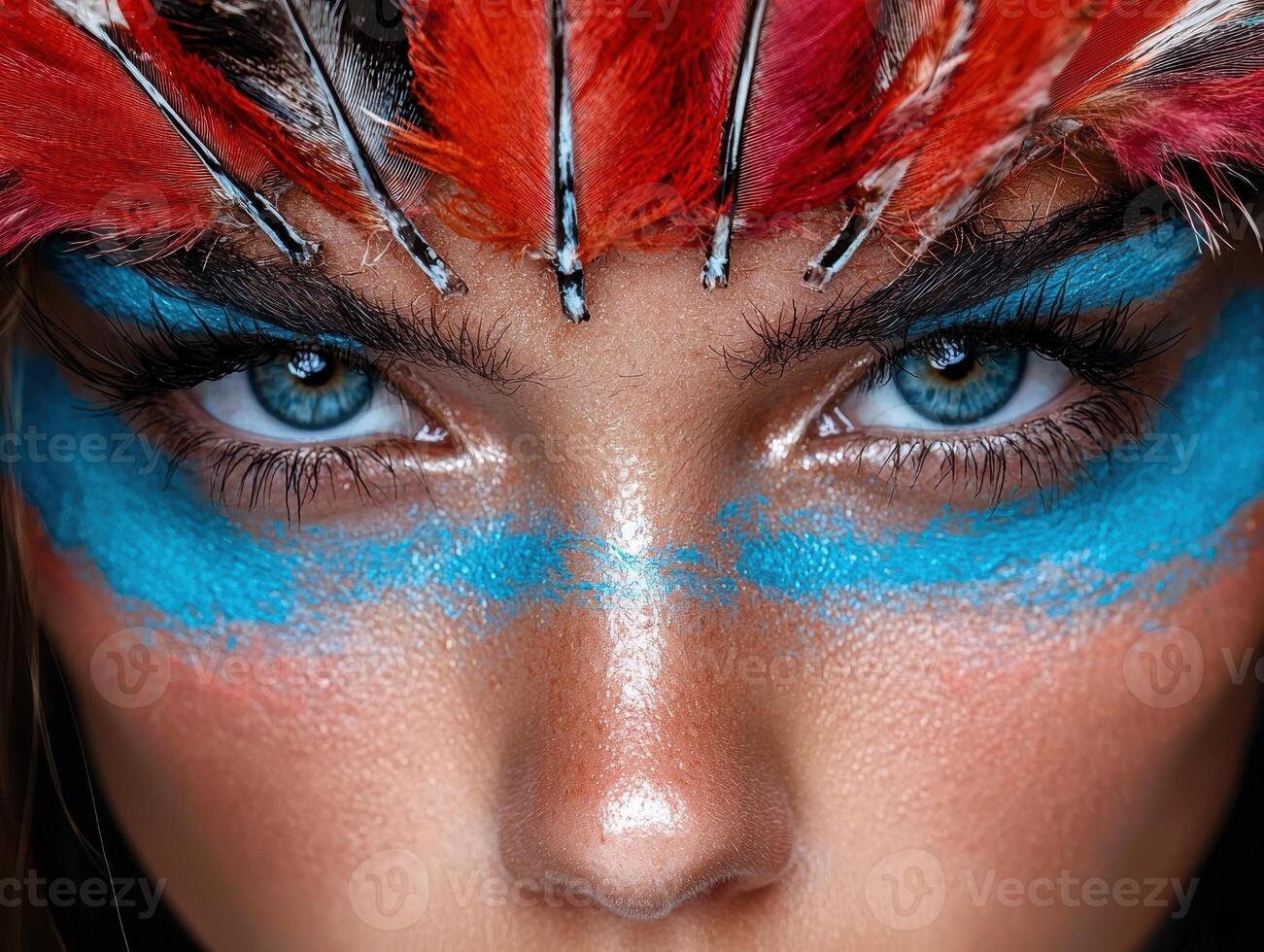 Close up of a womans face with vibrant blue and red makeup photo
