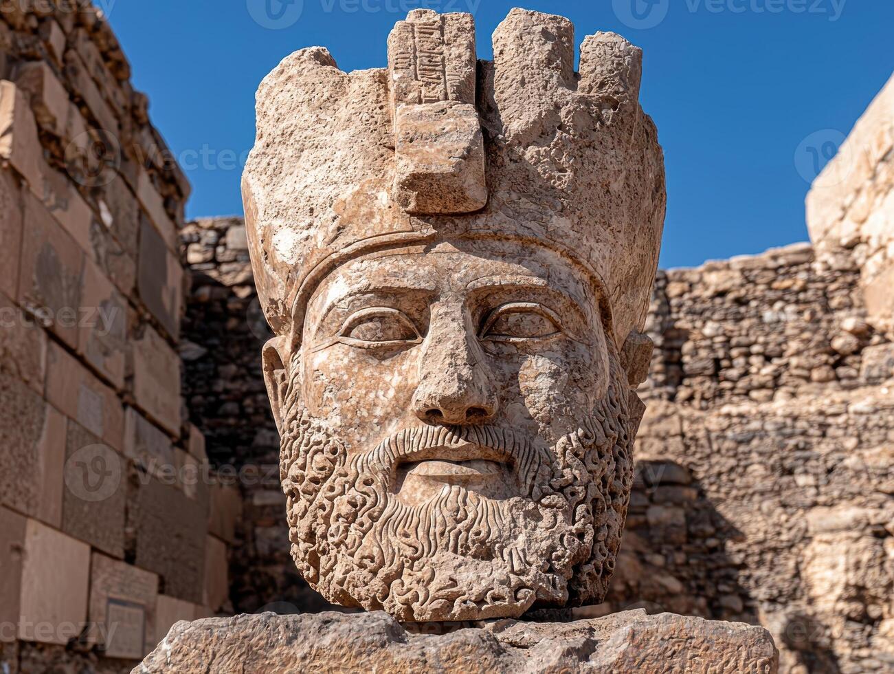 Ancient stone head sculpture of a king with a beard and crown photo