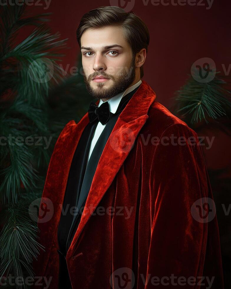 Portrait of a handsome man in a red velvet suit photo
