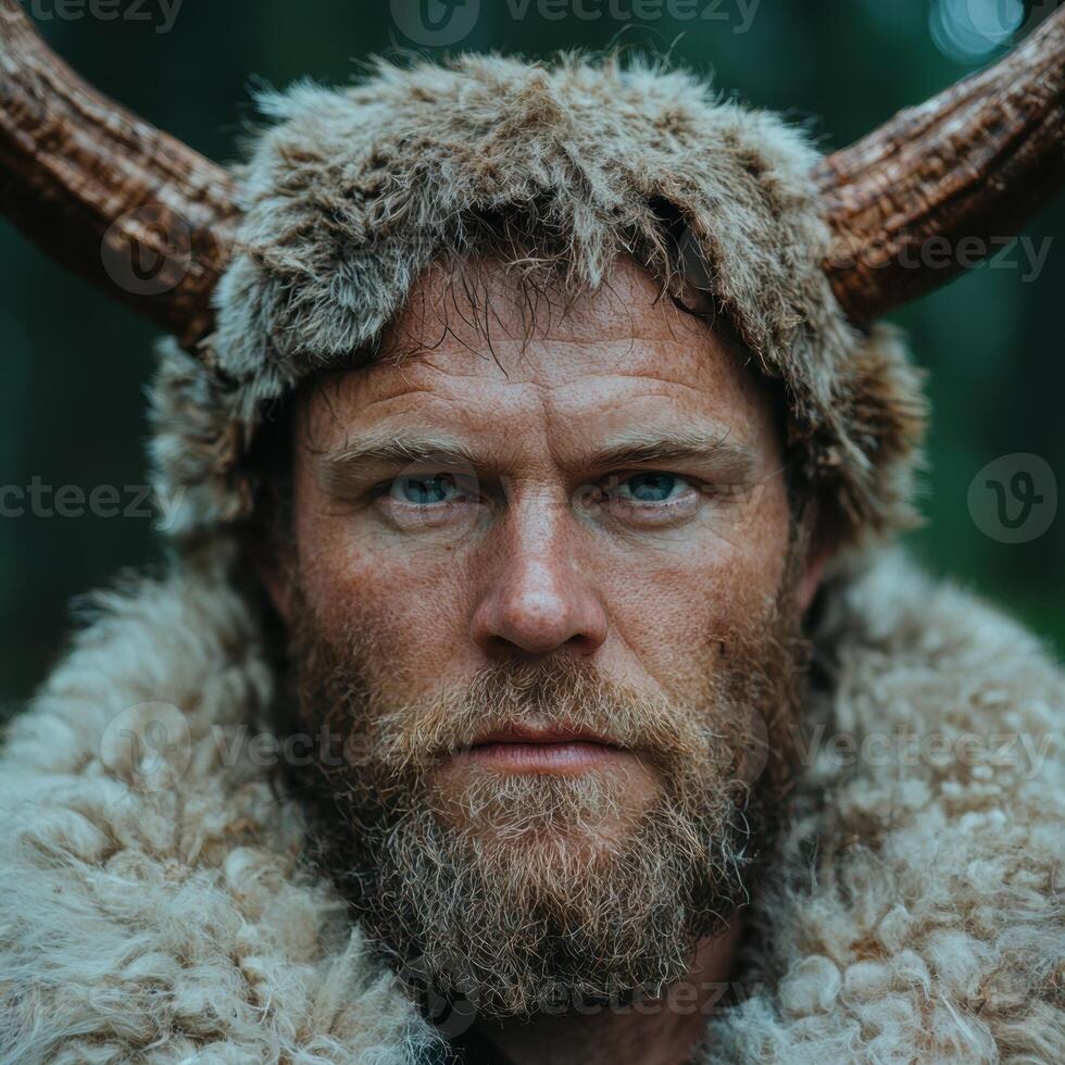 Portrait of a man with a beard and horns headdress photo