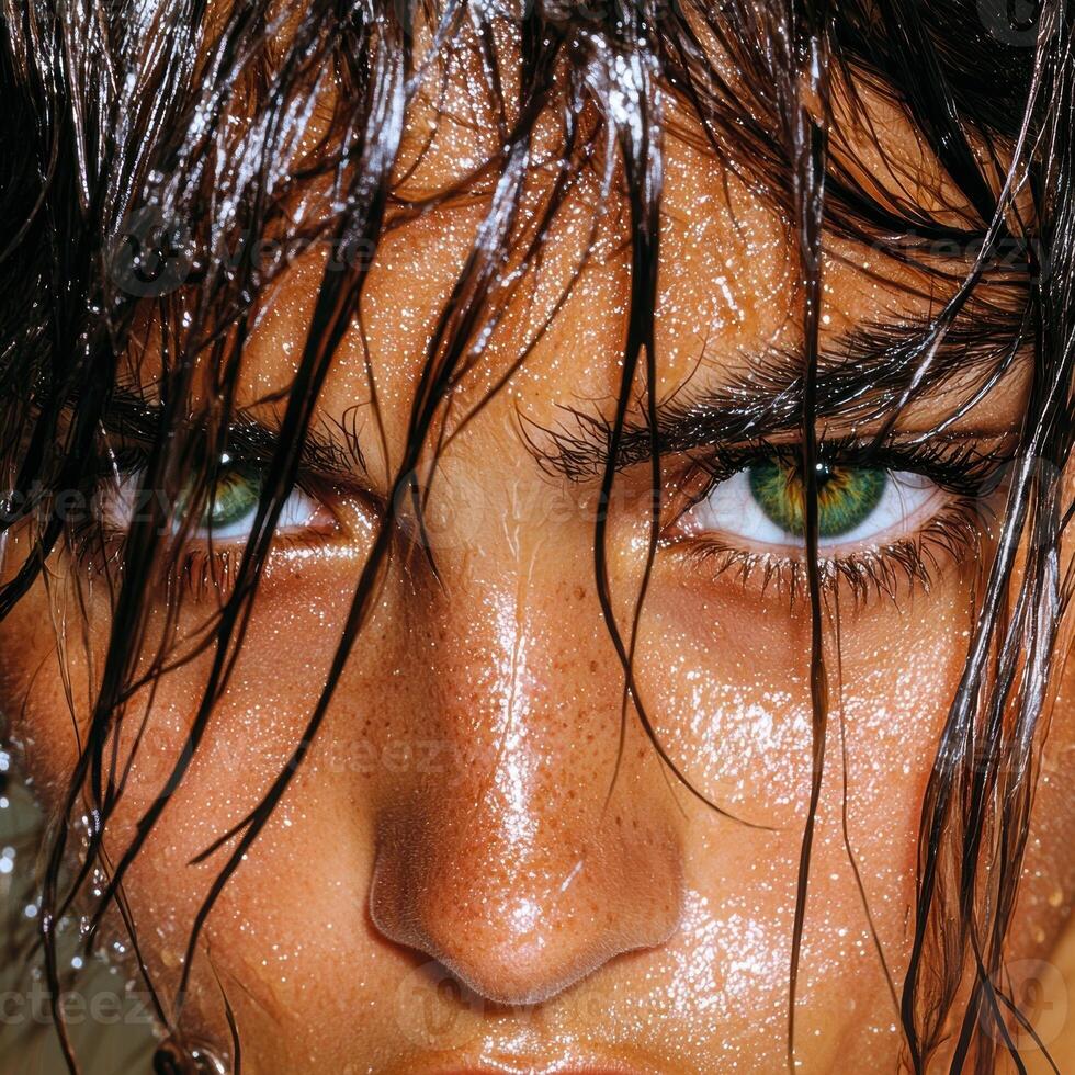 Close up of a womans face with wet hair and green eyes photo