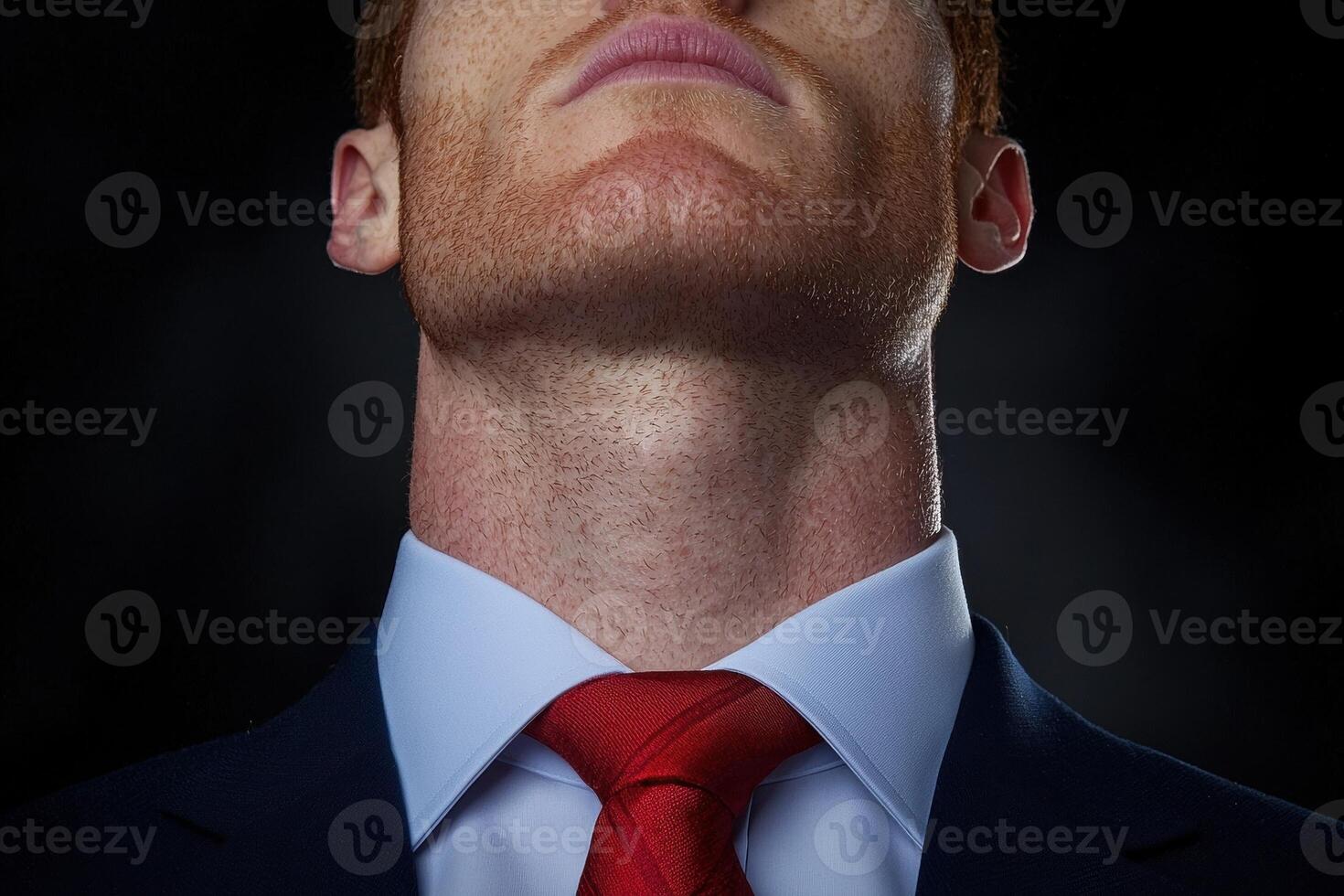 Close up of a mans neck and chin in a suit and red tie photo