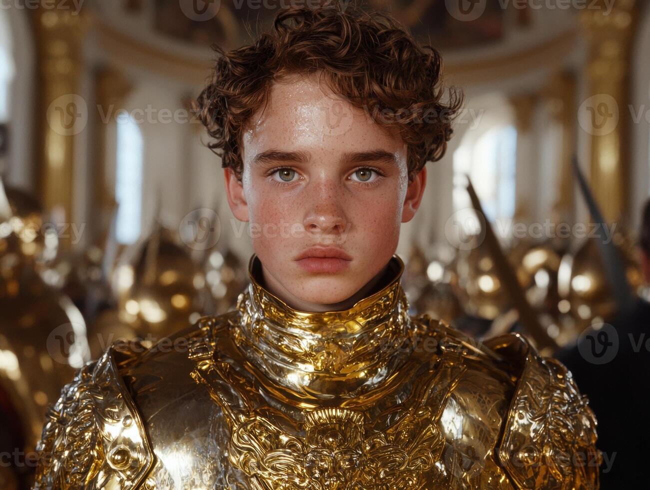 Young boy in golden armor, regal portrait photo
