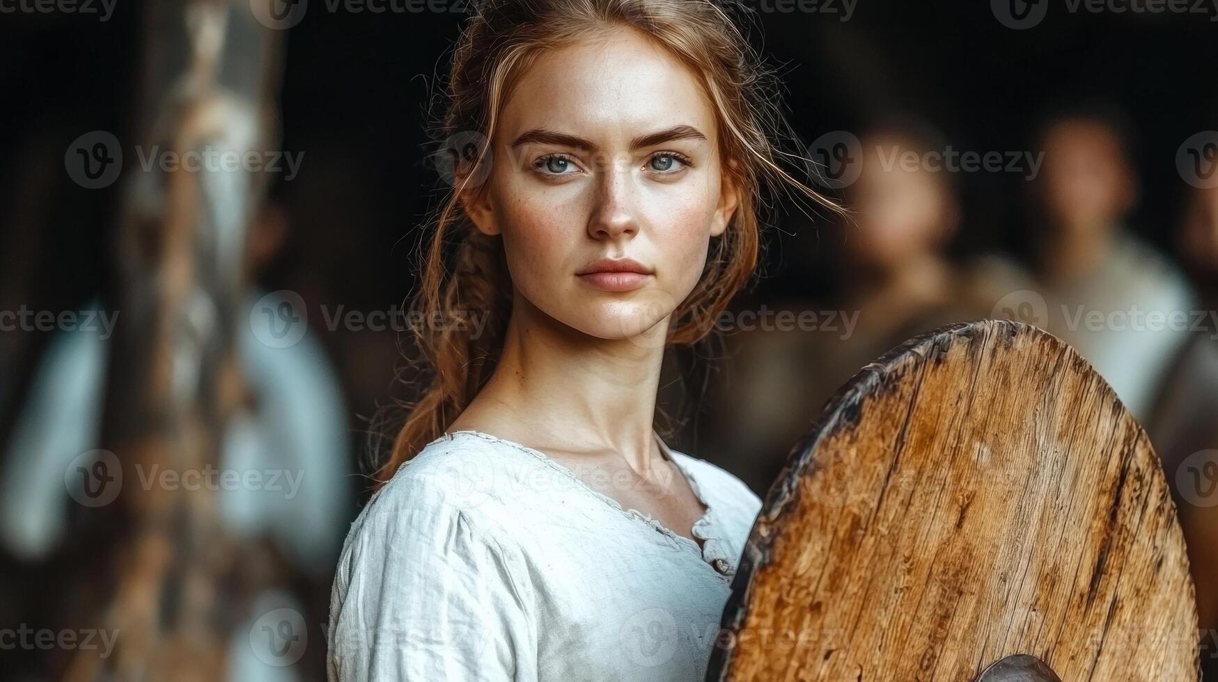 Young woman warrior holding a shield photo