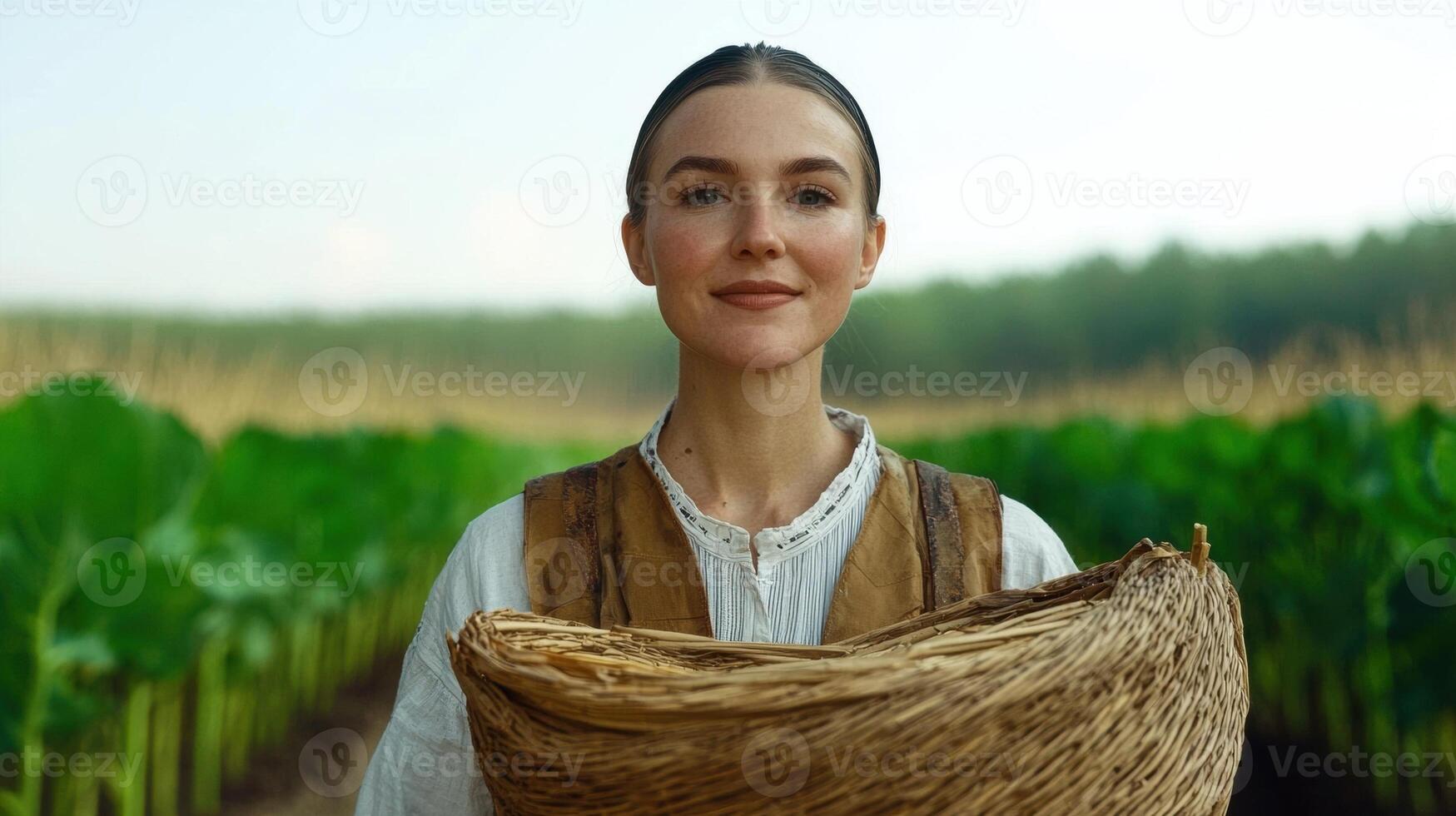 Woman farmer harvesting crops in a field photo
