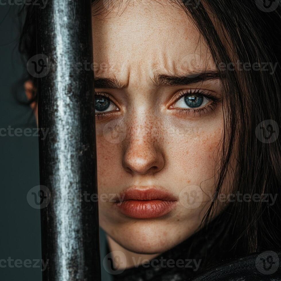 Close up portrait of a young woman with freckles and blue eyes, looking directly at the camera with a serious expression photo