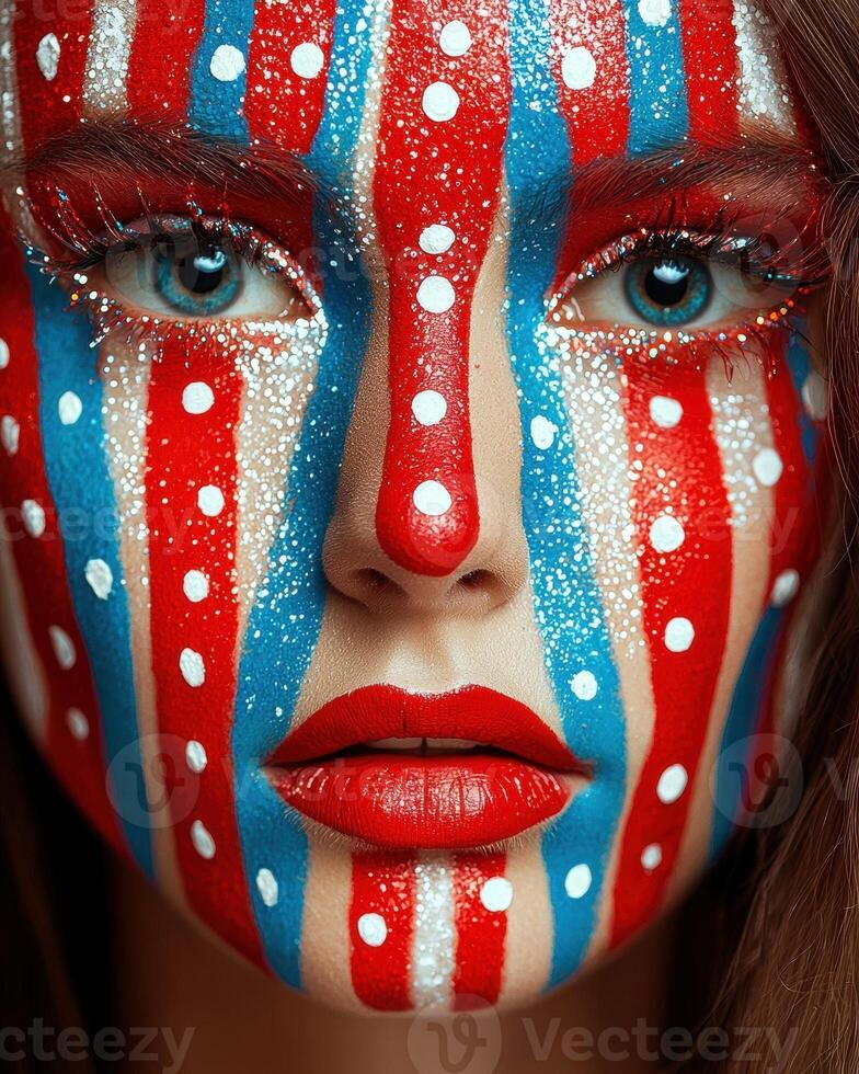 Close up of a womans face with red, white, and blue makeup photo
