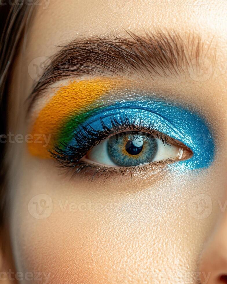 Close up of a womans eye with colorful eyeshadow photo