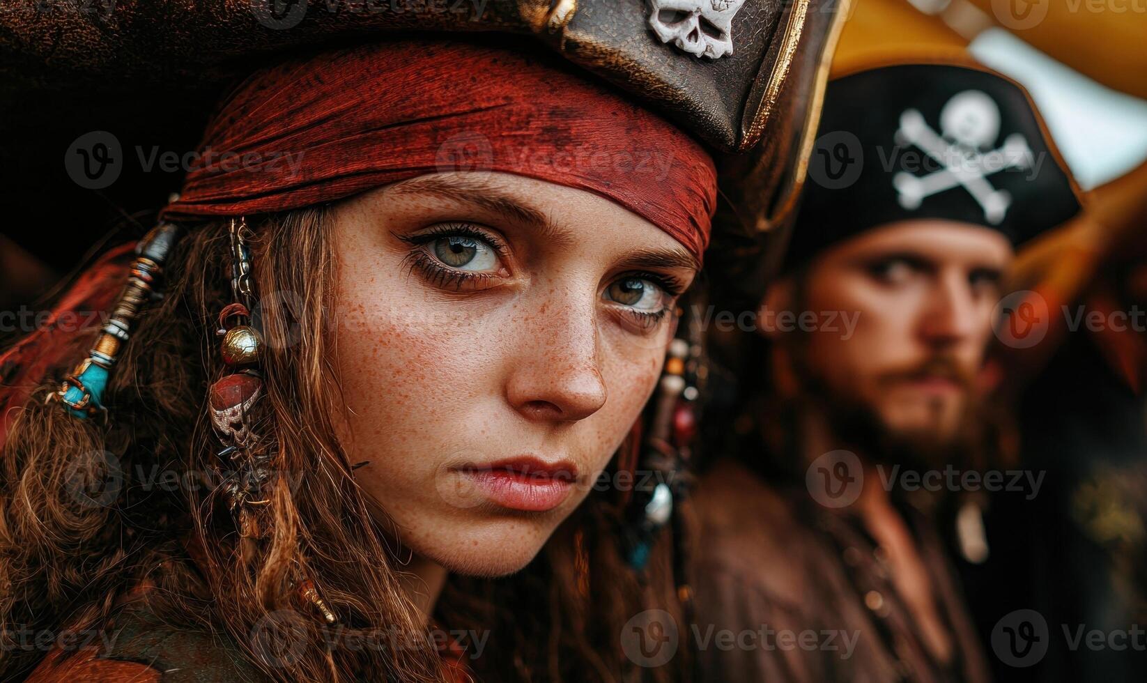 A young pirate woman stares intensely at the camera photo